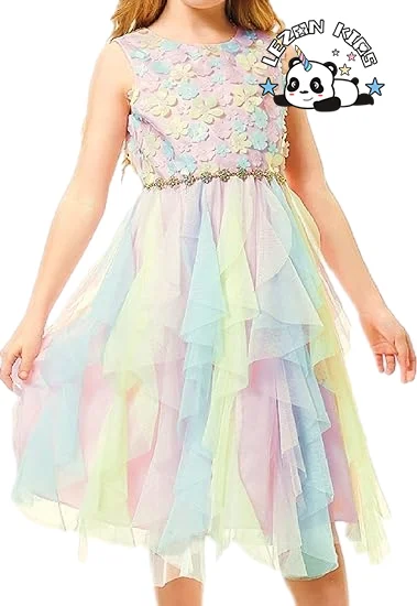 LEZONKIDS - New Arrival Girls Summer Rainbow Tulle Dress Flowers Party Dance Dresses For Girls 3-8 Years